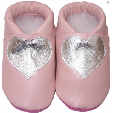 Chausson bébé cuir rose "Coeur"