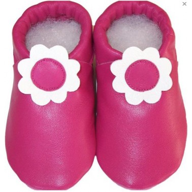 Chausson bébé en cuir rose à fleurs