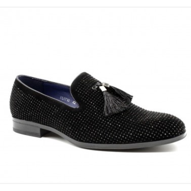 Mocassin homme noir a strass avec pompons