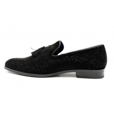 Mocassin homme noir a strass avec pompons