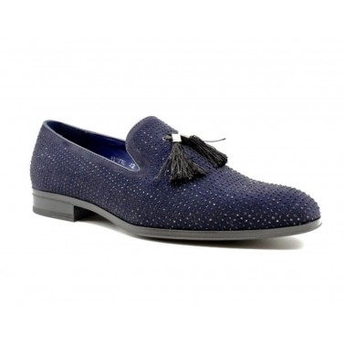 Mocassin homme bleu a strass avec pompons