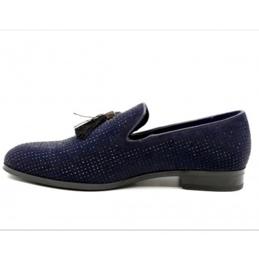 Mocassin homme bleu a strass avec pompons